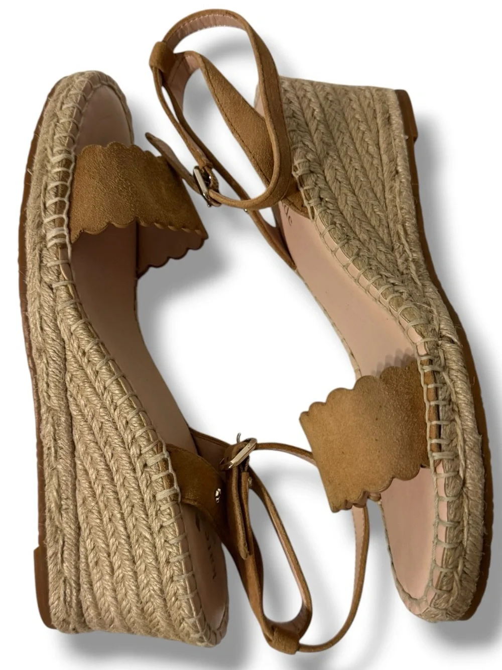 Kate Spade Theodora Espadrille Wedges Women’s 7 Tan Suede Scalloped Sandals
